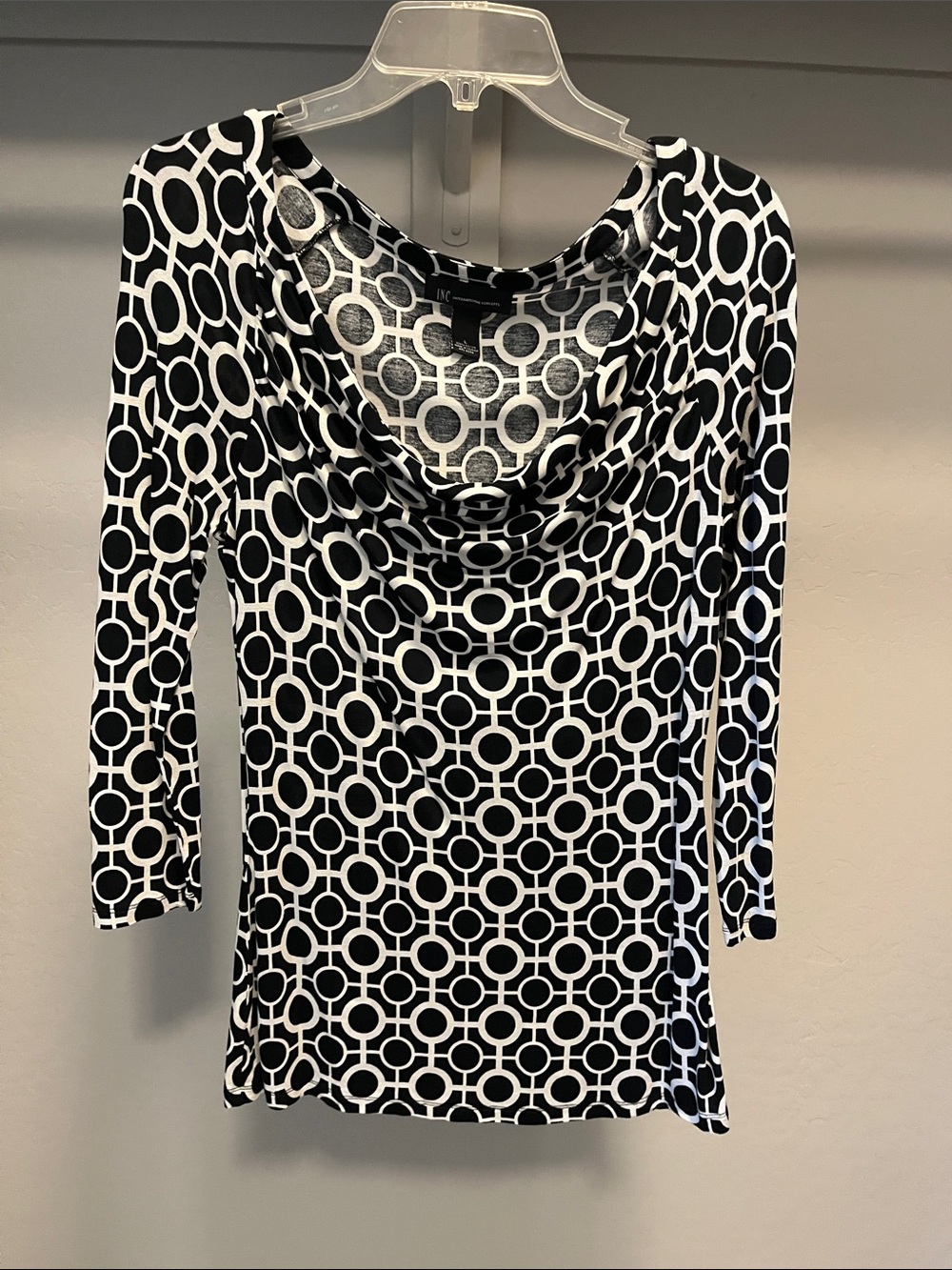 INC International Concepts Black & White Geometric Cowl Neck Long Sleeve Top